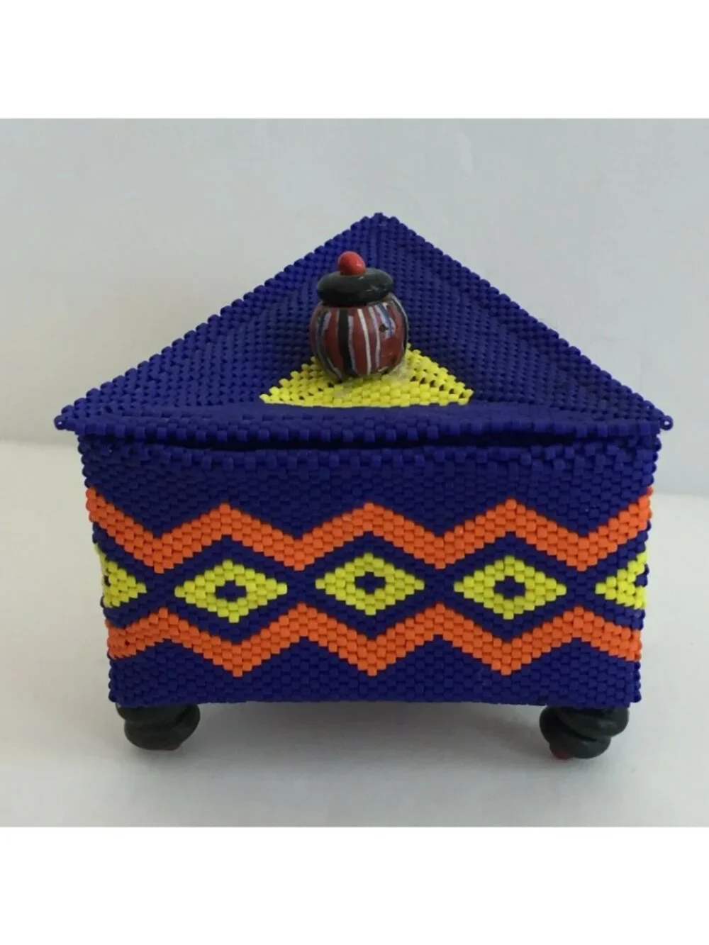 Handmade Beaded Small Box Royal Blue Orange Yellow Tribal Tchotchke